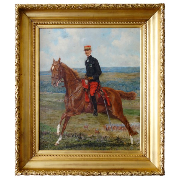 Portrait of a French Cavalry General riding a horse - oil on canvas circa 1911