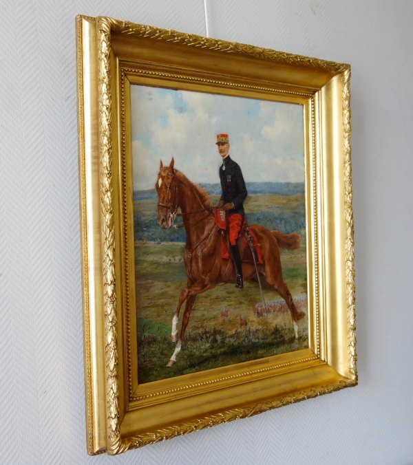 Portrait of a French Cavalry General riding a horse - oil on canvas circa 1911