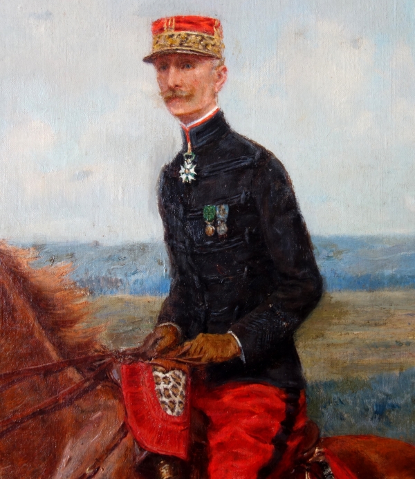 Portrait of a French Cavalry General riding a horse - oil on canvas circa 1911