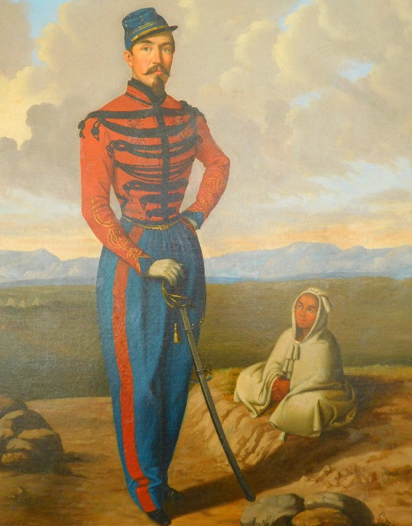 Grande huile sur toile : portrait d'un officier de Spahis en Algérie - 1860