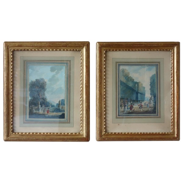 18th century pair of watercolours : court scenes set into Louis XVI gold leaf gilt frames