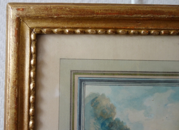 18th century pair of watercolours : court scenes set into Louis XVI gold leaf gilt frames