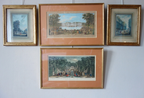 18th century pair of watercolours : court scenes set into Louis XVI gold leaf gilt frames