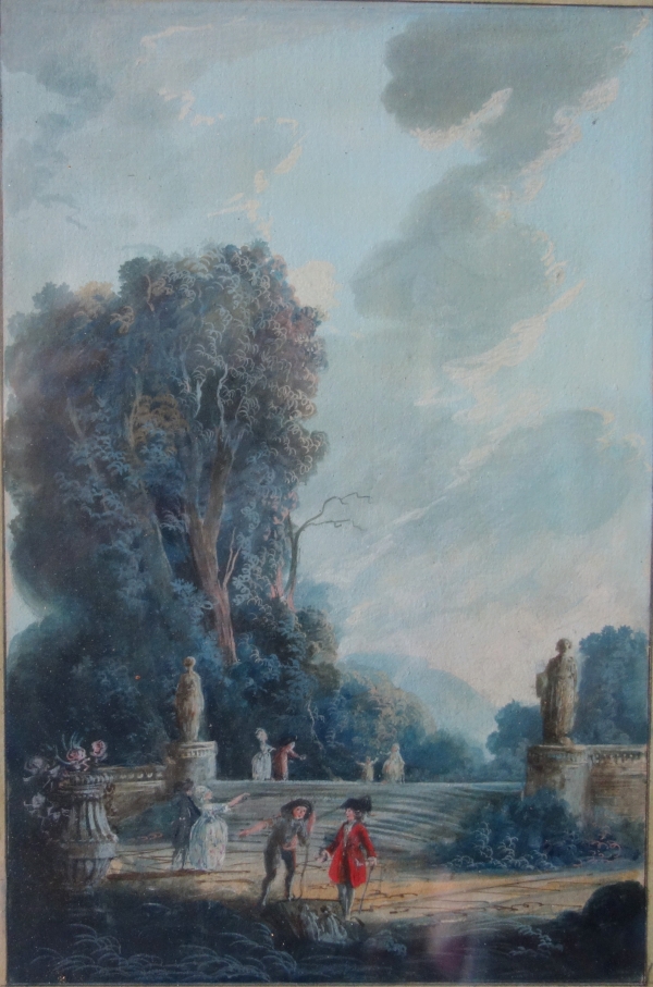 18th century pair of watercolours : court scenes set into Louis XVI gold leaf gilt frames