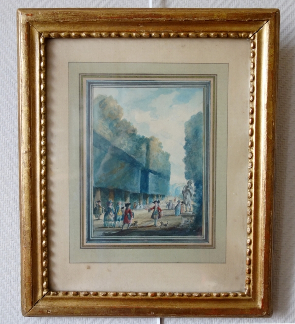 18th century pair of watercolours : court scenes set into Louis XVI gold leaf gilt frames