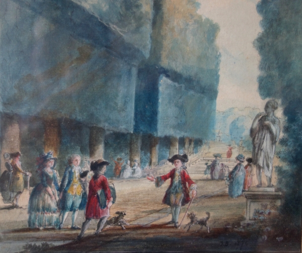 18th century pair of watercolours : court scenes set into Louis XVI gold leaf gilt frames