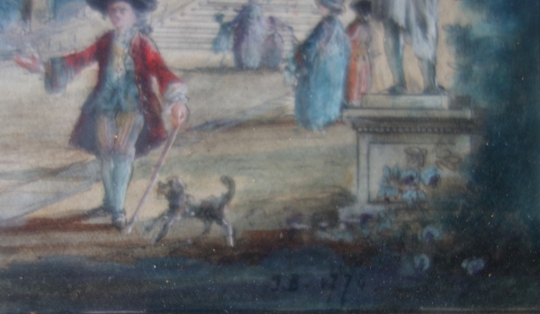 18th century pair of watercolours : court scenes set into Louis XVI gold leaf gilt frames