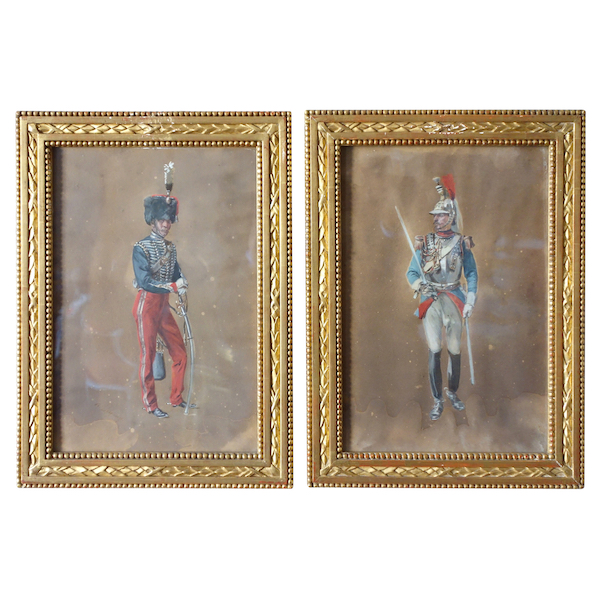 Paire de gouaches, officiers de Hussard et de Cuirassier sous le Second Empire par Henri Dupray