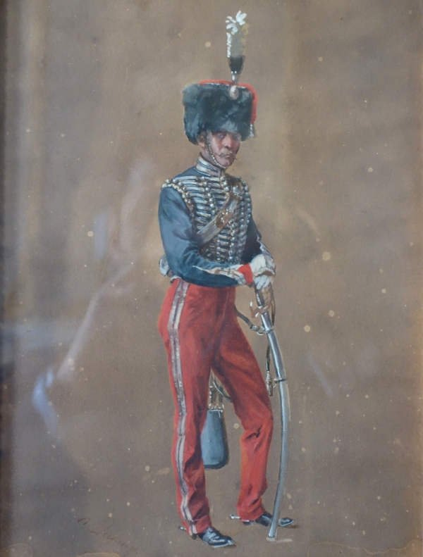 Paire de gouaches, officiers de Hussard et de Cuirassier sous le Second Empire par Henri Dupray