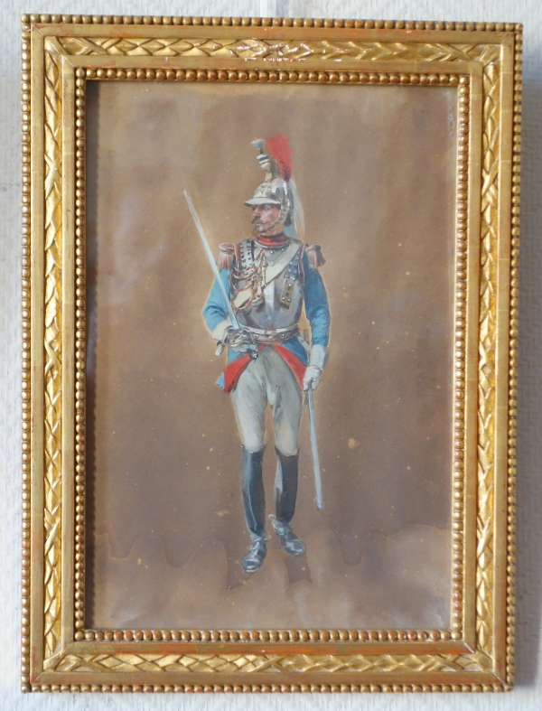 Paire de gouaches, officiers de Hussard et de Cuirassier sous le Second Empire par Henri Dupray