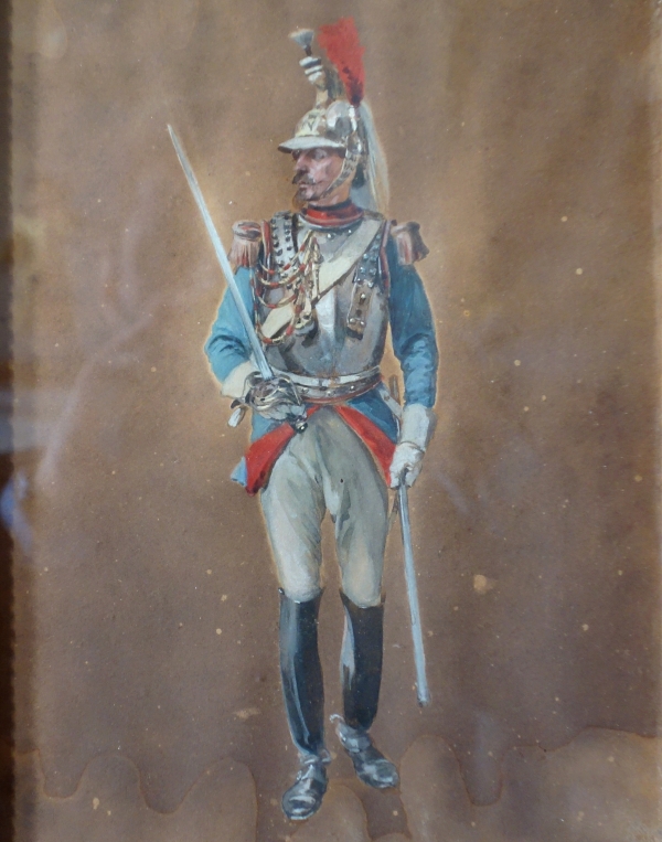 Paire de gouaches, officiers de Hussard et de Cuirassier sous le Second Empire par Henri Dupray