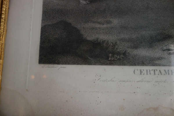 Pair of Empire engravings, gold leaf gilt wood frame, early 19th century circa 1820