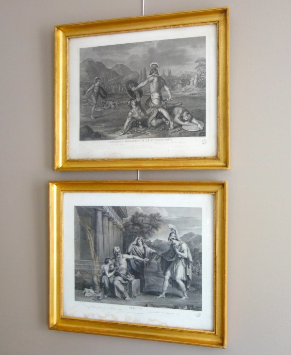 Pair of Empire engravings, gold leaf gilt wood frame, early 19th century circa 1820