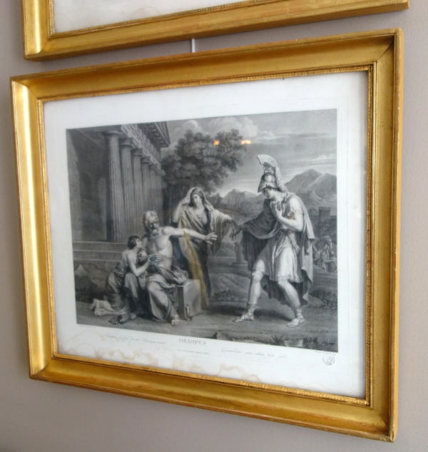 Pair of Empire engravings, gold leaf gilt wood frame, early 19th century circa 1820