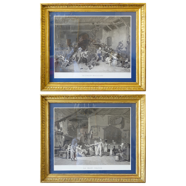 Pair of Empire engravings : la Main Chaude and Colin Maillard - gilt wood frames - 72.5cm x 62.5cm