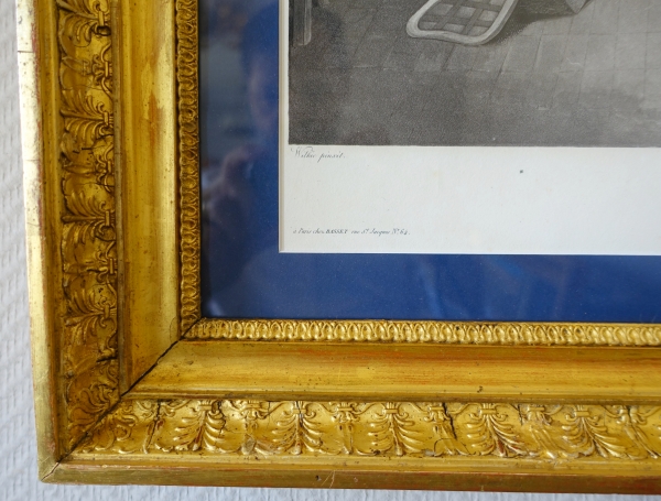 Paire de gravures Empire : La main chaude et Le Colin Maillard, cadres en bois doré 72,5cm x 62,5cm