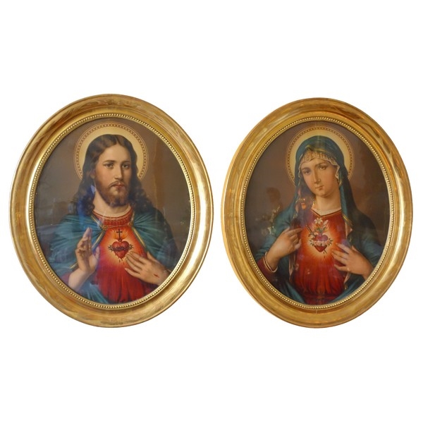 Paire de gravures traditionalistes Sacré Coeur de Jésus et de Marie - cadres en bois doré - 72cm x 61cm