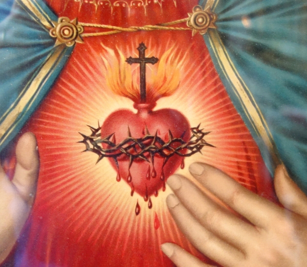 Pair of polychrome etchings picturing Jesus' Sacred Heart and Mary's, late 19th century