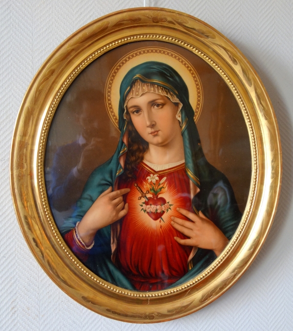Pair of polychrome etchings picturing Jesus' Sacred Heart and Mary's, late 19th century