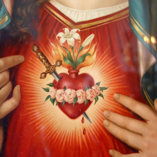 Pair of polychrome etchings picturing Jesus' Sacred Heart and Mary's, late 19th century