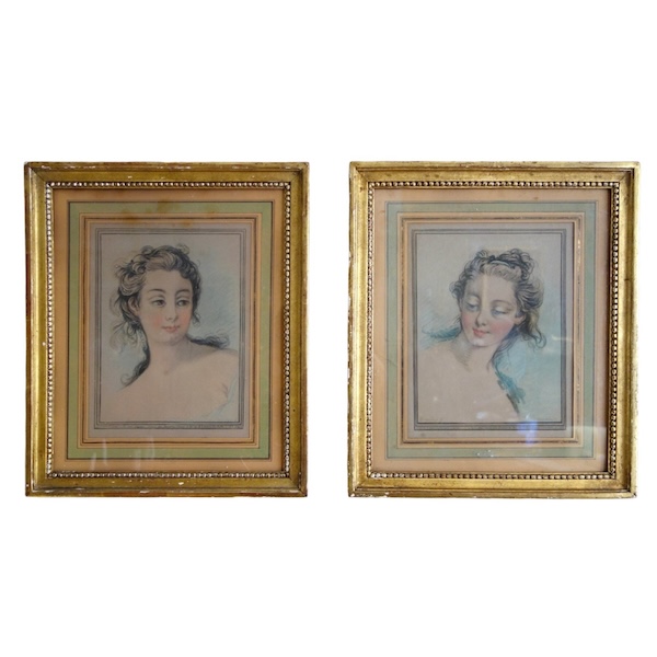 Demarteau d'après Boucher : paire de gravures à la manière du crayon - portraits de femmes XVIIIe