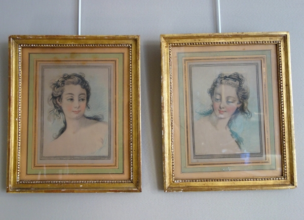 Demarteau d'après Boucher : paire de gravures à la manière du crayon - portraits de femmes XVIIIe