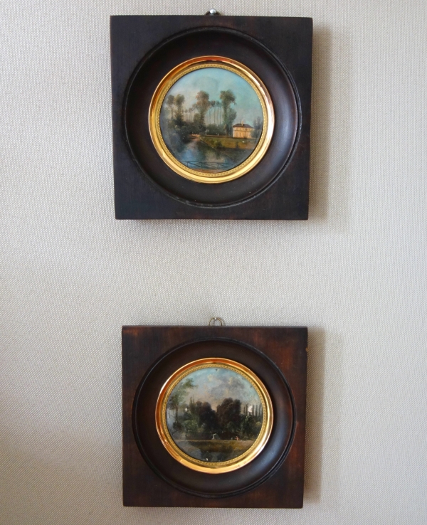 Paire de miniatures : château et son parc - XIXe siècle