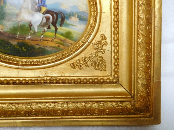 Paire de peintures sur porcelaine, l'éleveur de chevaux, cadres en bois doré époque Empire