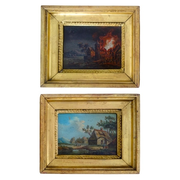 Pair of Empire miniature oils on copper - early 19th century