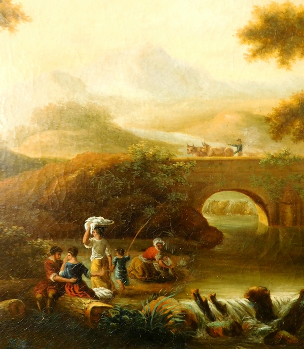 Ecole Française du XVIIIe siècle, paysage aux lavandières, huile sur toile 81cm x 70cm