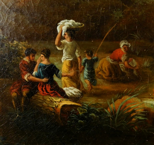 Ecole Française du XVIIIe siècle, paysage aux lavandières, huile sur toile 81cm x 70cm