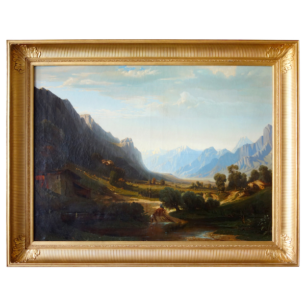 Jules Nicolas Schitz : grand paysage de montagne, huile sur toile - 147cm x 113cm