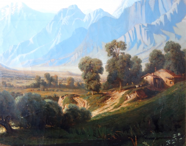 Jules Nicolas Schitz : grand paysage de montagne, huile sur toile - 147cm x 113cm