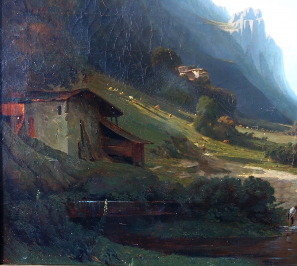 Jules Nicolas Schitz : grand paysage de montagne, huile sur toile - 147cm x 113cm