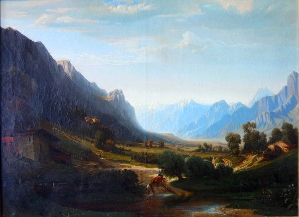 Jules Nicolas Schitz : grand paysage de montagne, huile sur toile - 147cm x 113cm