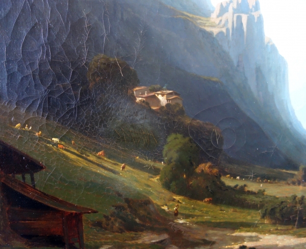 Jules Nicolas Schitz : grand paysage de montagne, huile sur toile - 147cm x 113cm