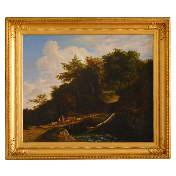 Grand huile sur toile : paysage romantique, époque Empire Restauration