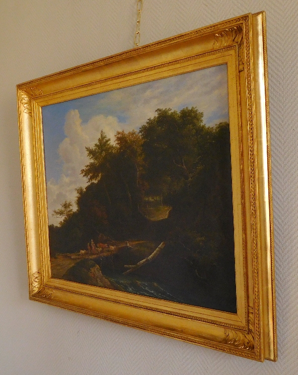 Grand huile sur toile : paysage romantique, époque Empire Restauration