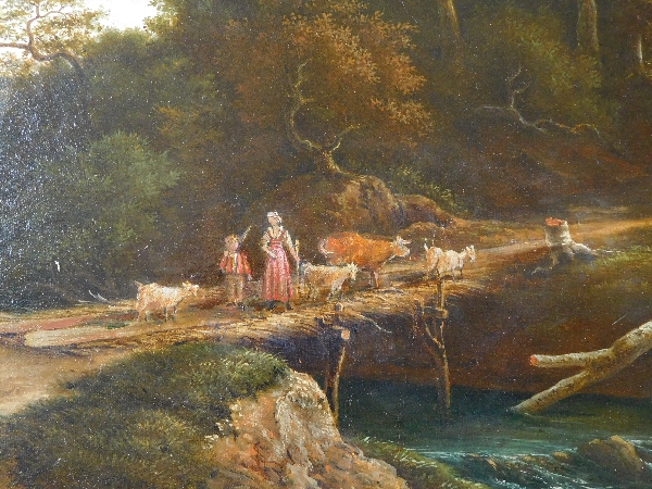 Grand huile sur toile : paysage romantique, époque Empire Restauration