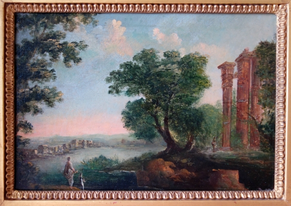 Ecole Française du XVIIIe siècle, paysage de ruines antiques dans le goût de Patel - cadre Empire