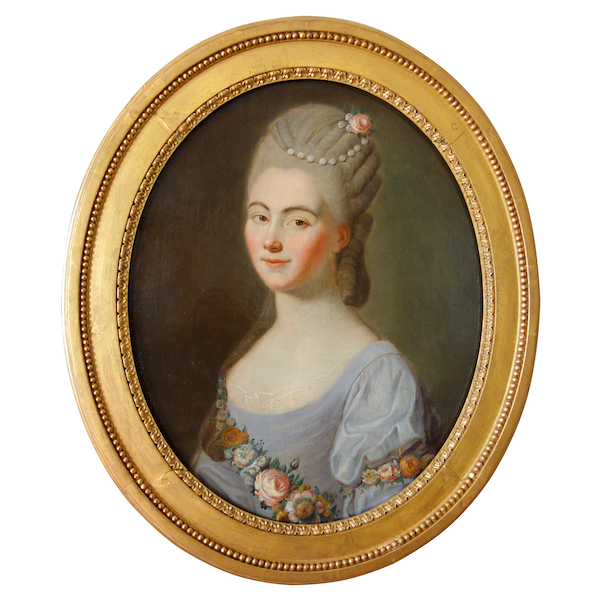 Ecole française du XVIIIe siècle, portrait de la Comtesse du Barry en Flore, huile sur toile, cadre estampillé