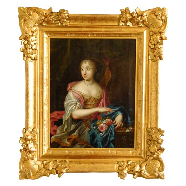 Portrait d'aristocrate d'époque Louis XIV circa 1660, huile sur toile dans un cadre XVIIIe en bois doré