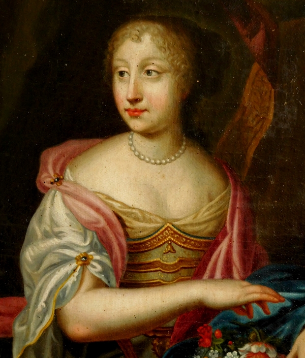 Portrait d'aristocrate d'époque Louis XIV circa 1660, huile sur toile dans un cadre XVIIIe en bois doré