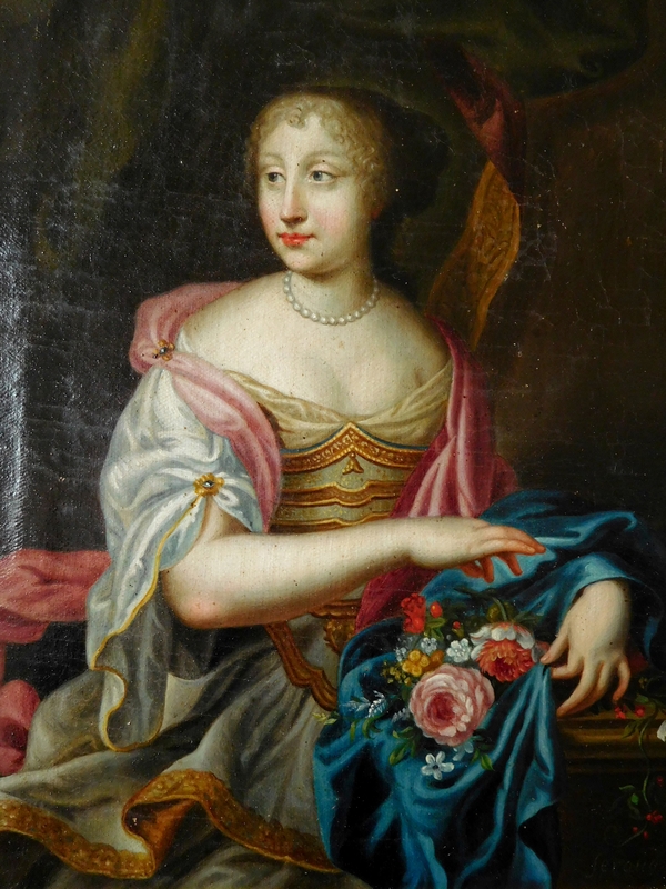 Portrait d'aristocrate d'époque Louis XIV circa 1660, huile sur toile dans un cadre XVIIIe en bois doré