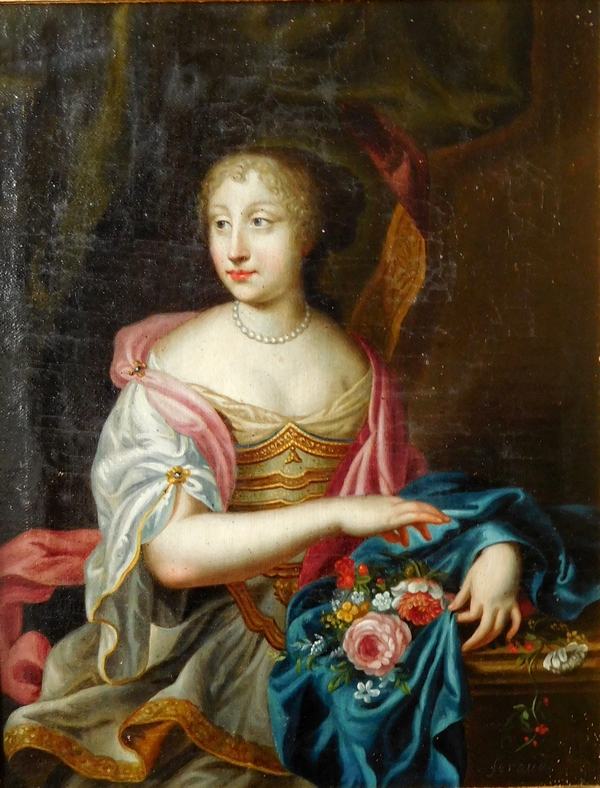 Portrait d'aristocrate d'époque Louis XIV circa 1660, huile sur toile dans un cadre XVIIIe en bois doré