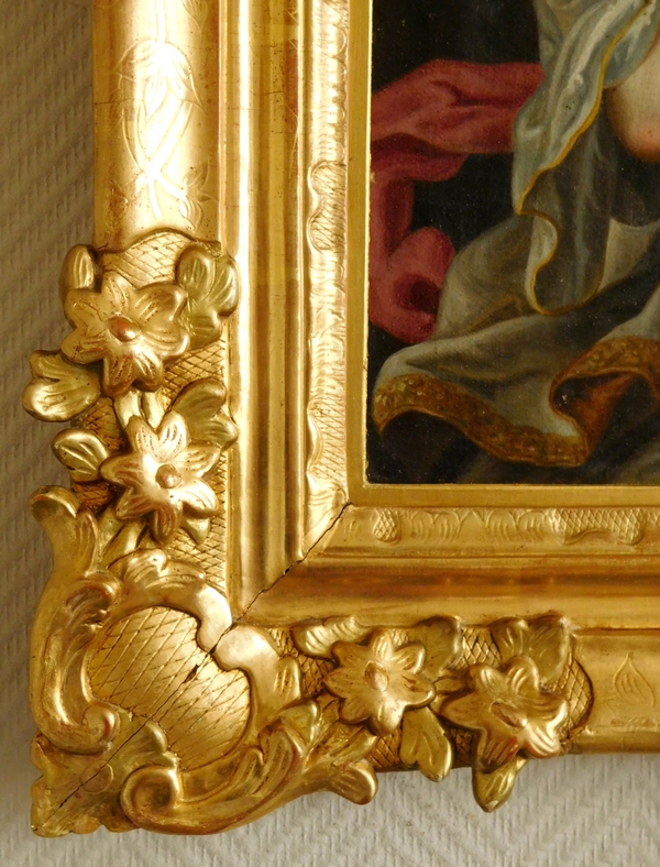 Portrait d'aristocrate d'époque Louis XIV circa 1660, huile sur toile dans un cadre XVIIIe en bois doré