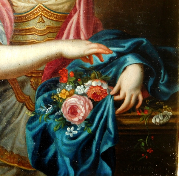 Portrait d'aristocrate d'époque Louis XIV circa 1660, huile sur toile dans un cadre XVIIIe en bois doré