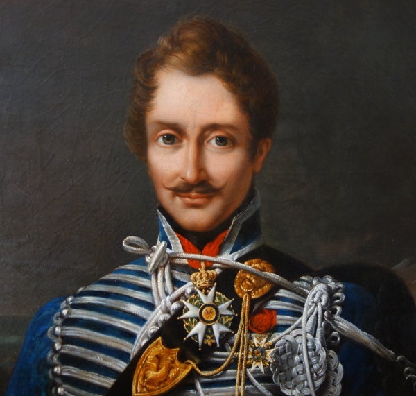 Portrait du Colonel Pozac, héros de l'Empire avec son sabre d'honneur - 1er Régiment de Hussards - huile sur toile