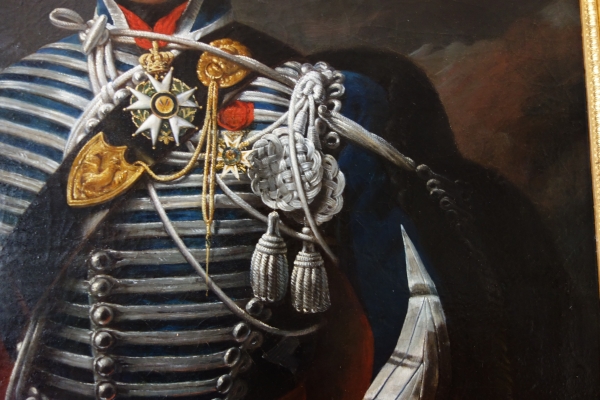 Portrait du Colonel Pozac, héros de l'Empire avec son sabre d'honneur - 1er Régiment de Hussards - huile sur toile