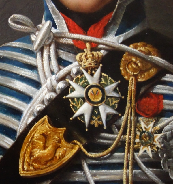 Portrait du Colonel Pozac, héros de l'Empire avec son sabre d'honneur - 1er Régiment de Hussards - huile sur toile